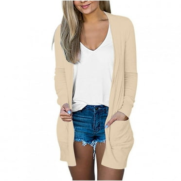 Dagegui Cardigan Sweaters for Women Long Sleeve Open Front Outwear Coats Solid Color Fall Basic Casual Cardigan with Pockets Clearance Sale Beige S