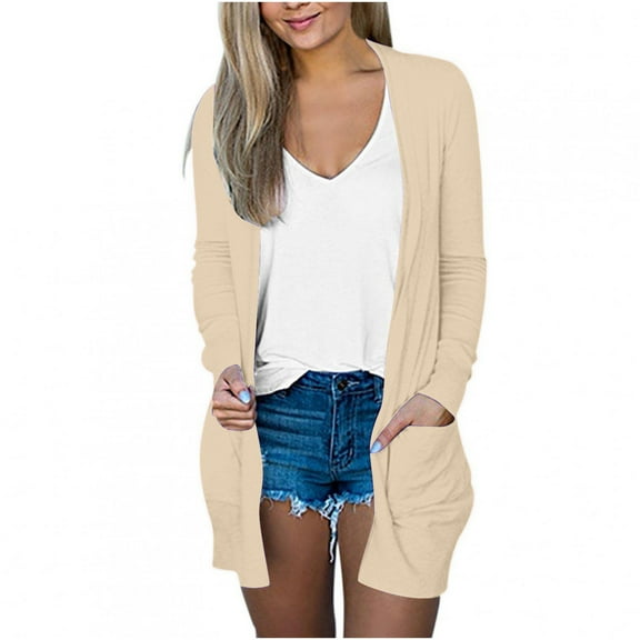 Dagegui Cardigan Sweaters for Women Long Sleeve Open Front Outwear Coats Solid Color Fall Basic Casual Cardigan with Pockets Beige S