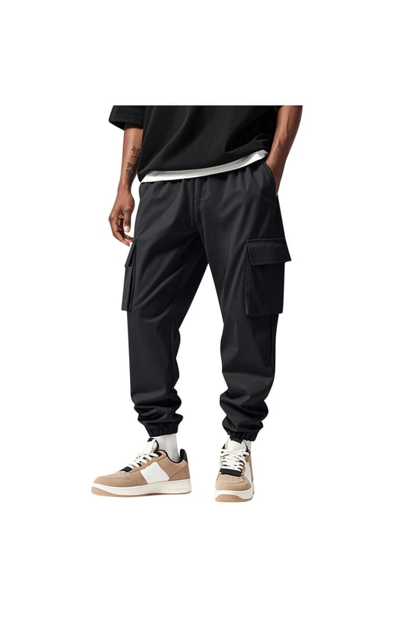 Cargo Pants for Men Casual Elastic Waist Drawstring Joggers Lightweight Hiking Athletic Pant with Multi Pockets Black M