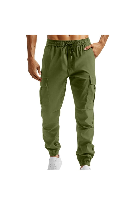 Cargo Pants for Men Outdoor Elastic Waist Jogger Pant Lightweight Running Hiking Athletic Pants with Pockets Army Green L