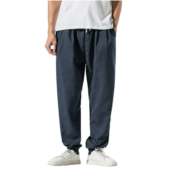 Dagegui Casual Pants for Men Cotton Linen Stretch Waist Harem Pant Loose Fit Elastic Bottom Jogger Trousers with Drawstring & Pockets Time Limited Offer Navy XL