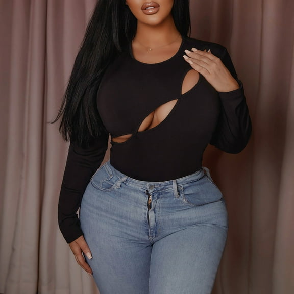 Sijiajgjfu Oversize Long Sleeve T Shirt for Women Cut Out Ribbed Knit Slim Tops Solid Color Crew Neck Tee Blouse for Curvy Women Black XXXXL