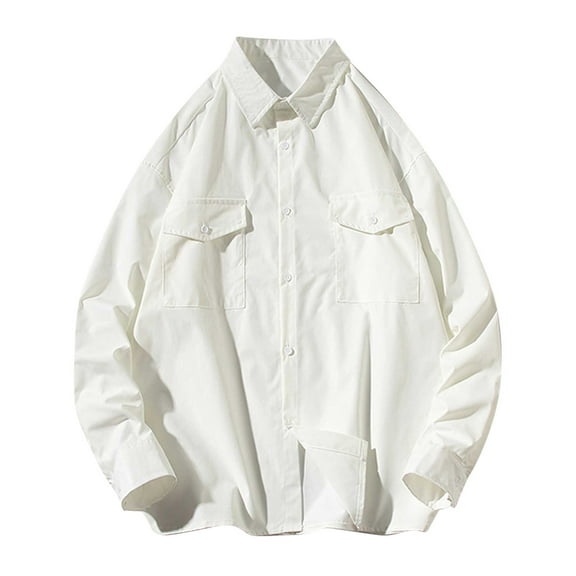 Dagegui Long Sleeve Work Shirts for Men Lightweight Lapel Button Down Tops Big and Tall Tactical Cargo Shirt with Pockets Outdoor Hiking Fishing Blouses White,L