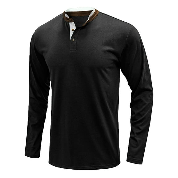 Dagegui Men's Henley Shirts Cotton Long Sleeve Buttons T-Shirts Patchwork Crewneck Pullover Shirt Casual Loose Fit Work Tees Tops Black,S