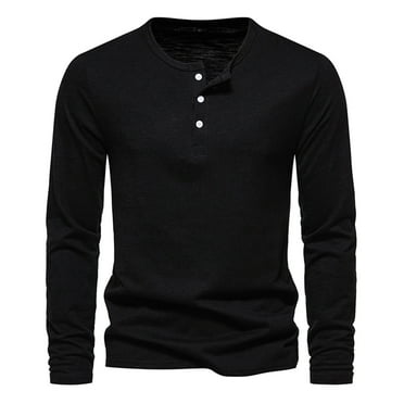 Dagegui Clearance Sale! Mens Long Sleeve T-Shirts Solid Color Crew Neck Buttons Shirt Cotton Henley Pullover Shirts Lightweight Soft Stretch Tees Fall Tops Black,M