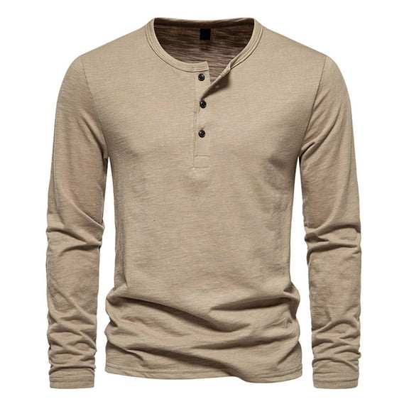 Dagegui Mens Long Sleeve T-Shirts Solid Color Crew Neck Buttons Shirt Cotton Henley Pullover Shirts Lightweight Soft Stretch Tees Fall Tops Khaki,S
