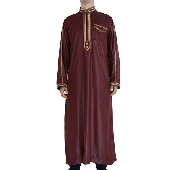 Dagegui Mens Muslim Robe Long Sleeve Embroider Stand Neck Thobe Casual Loose Fit Shirts with Pocket Fall Clothes Wine L