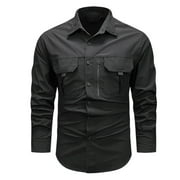 DAGEGUI Mens Tactical Cargo Shirts Cotton Long Sleeve Work Shirt Solid Color Lapel Button Down Tops Lightweight Outdoor Hiking Sport Shirts with Pockets Black,L