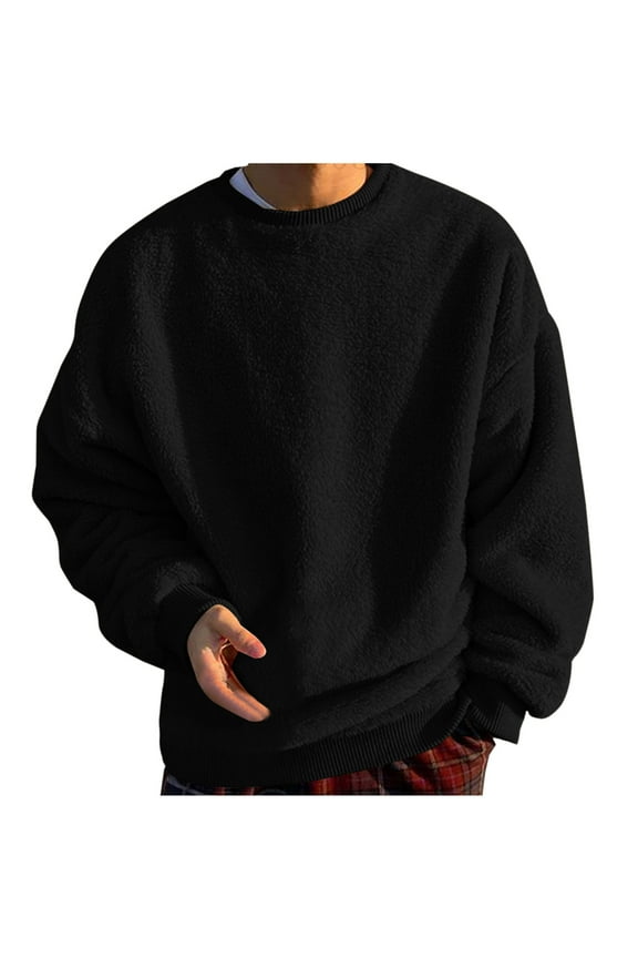 Mens Winter Sweatshirts Double-Faced Fleece Long Sleeve Shirts Big and Tall Loose Fit Sweatshirt Soft Pullover Tops Black 4XL