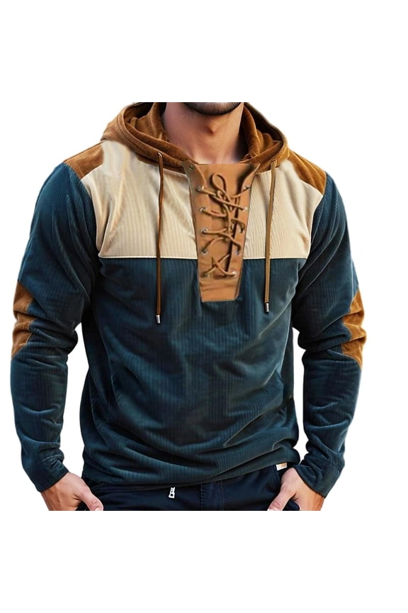 Corduroy Hoodies for Men Vintage Drawstring Hooded Sweatshirt Lace-Up Long Sleeve Trendy Elbow Patches Sweatshirts Navy XL