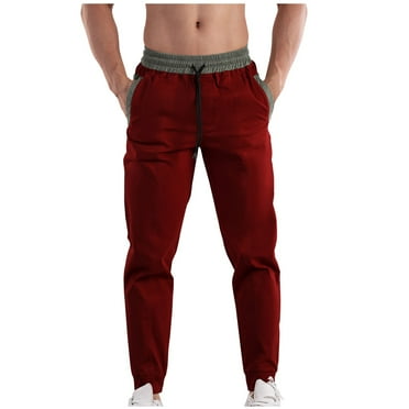 Dagegui Cotton Cargo Pants for Men Casual Elastic Waist Drawstring Jogger Pant Outdoor Running Athletic Tapered Pants Solid Color Work Trousers Today Clearance Wine,S