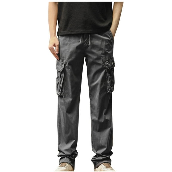 Dagegui Cotton Cargo Pants for Men Drawstring Elastic Waist Straight Leg Athletic Pant Multi-Pockets Hiking Joggers Tactical Pants Gray 2XL