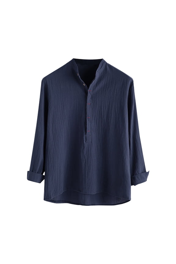 Cotton Linen Henley Shirt for Men Solid Long Sleeve Casual Shirts Lightweight Spring Summer Breathable Daily Tops Navy M