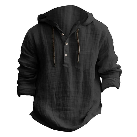 Dagegui Cotton Linen Hoodie for Men Drawstring Buttons Hooded Sweatshirt Casual Lightweight Beach Travel Shirt Tops Black XL