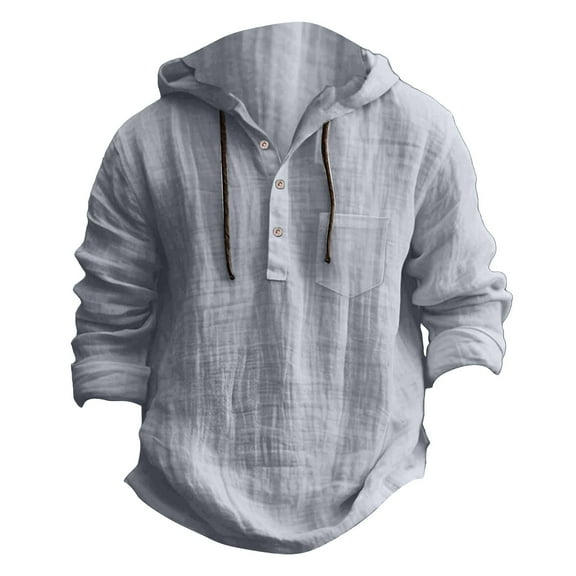 Dagegui Cotton Linen Hoodie for Men Drawstring Buttons Hooded Sweatshirt Casual Lightweight Beach Travel Shirt Tops Gray L