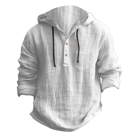 Dagegui Cotton Linen Hoodie for Men Drawstring Buttons Hooded Sweatshirt Casual Lightweight Beach Travel Shirt Tops White M
