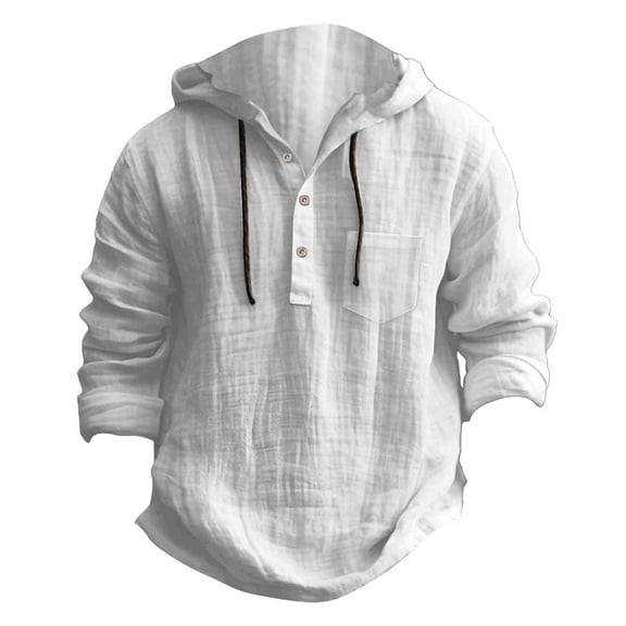 Dagegui Cotton Linen Hoodie for Men Drawstring Buttons Hooded Sweatshirt Casual Lightweight Beach Travel Shirt Tops White XL