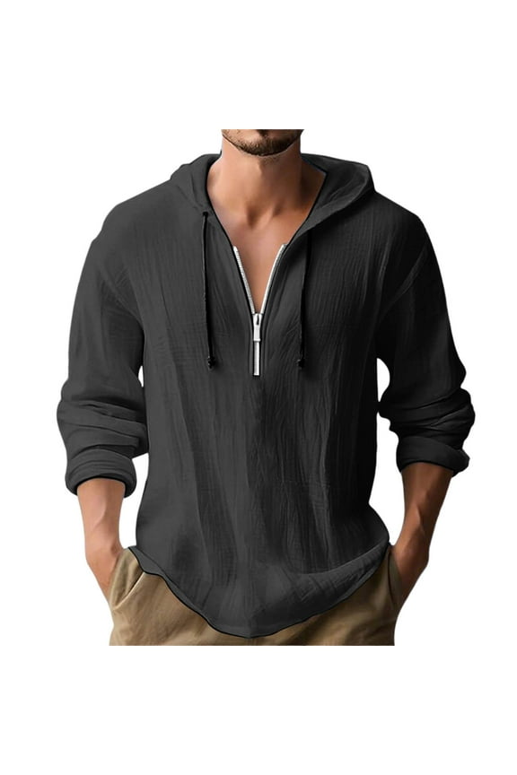 Cotton Linen Hoodie for Men Quarter Zip Pullover Drawstring Hooded Beach Shirt Lightweight Breathable Travel Tops Black XL