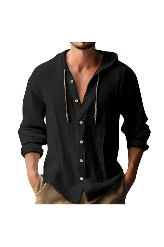 Cotton Linen Hoodies for Men Drawstring Button Down Hooded Shirt Solid Casual Loose Fit Shirts Outdoor Vacation Travel Blouse Tops Black M