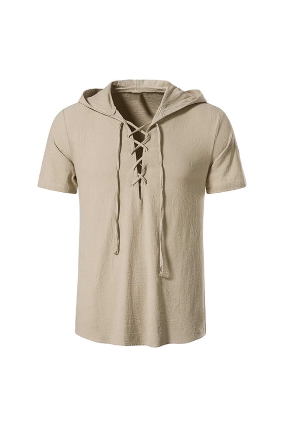 Cotton Linen Hoodies for Men Drawstring Hooded Short Sleeve Casual Shirts Summer Solid Color Daily & Holiday Tee Tops Khaki L