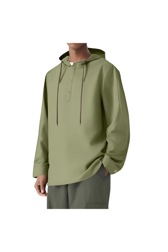 Cotton Linen Hoodies for Men Long Sleeve Drawstring Hooded Shirts Solid Casual Lightweight Daily Tops Army Green M