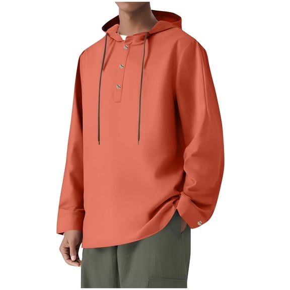 Dagegui Cotton Linen Hoodies for Men Long Sleeve Drawstring Hooded Shirts Solid Casual Lightweight Daily Tops Orange S