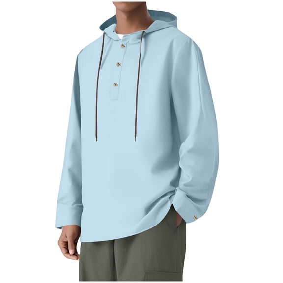 Dagegui Cotton Linen Hoodies for Men Long Sleeve Drawstring Hooded Shirts Solid Casual Lightweight Daily Tops Sky Blue L