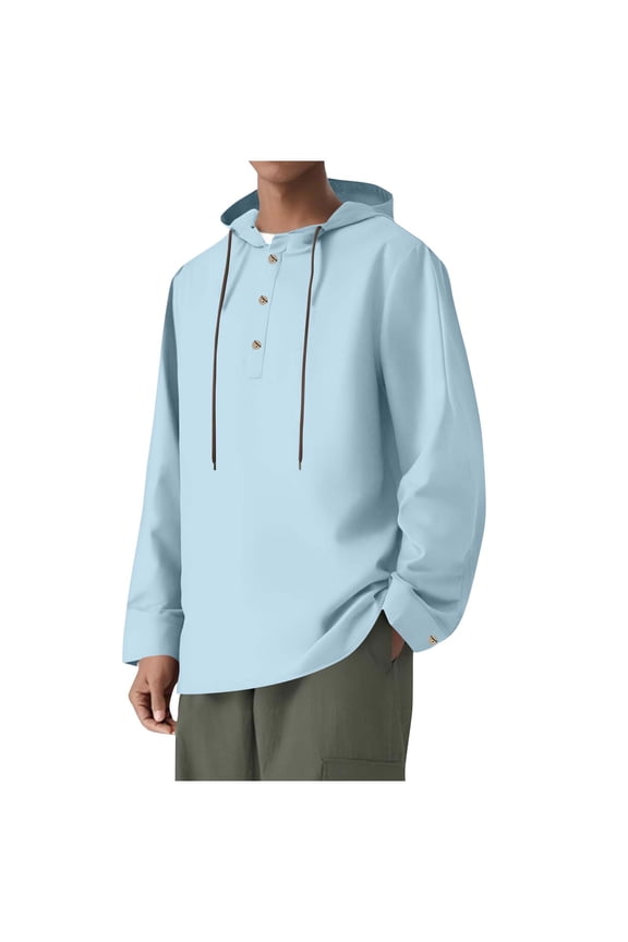 Cotton Linen Hoodies for Men Long Sleeve Drawstring Hooded Shirts Solid Casual Lightweight Daily Tops Sky Blue M