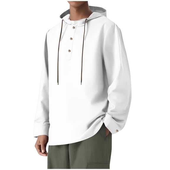 Dagegui Cotton Linen Hoodies for Men Long Sleeve Drawstring Hooded Shirts Solid Casual Lightweight Daily Tops White XL