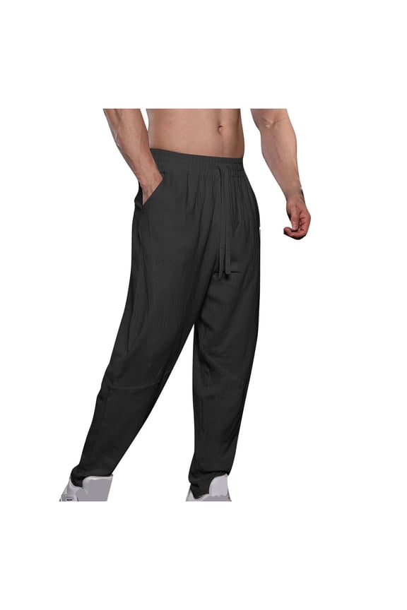 Cotton Linen Jogger Pants for Men Baggy Elastic Waist Tapered Pant Lightweight Breathable Summer Casual Trousers with Pocket Black M