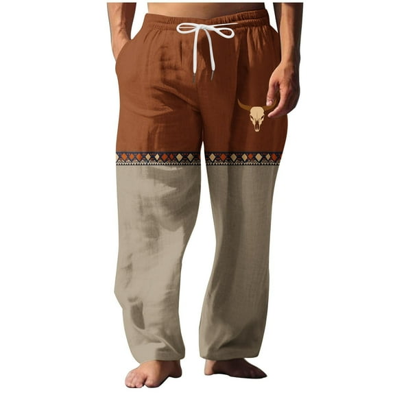 Dagegui Cotton Linen Pants for Men Western Casual Elastic Waist Straight Leg Pant with Drawstring Big and Tall Pocket Beach Trousers Khaki M