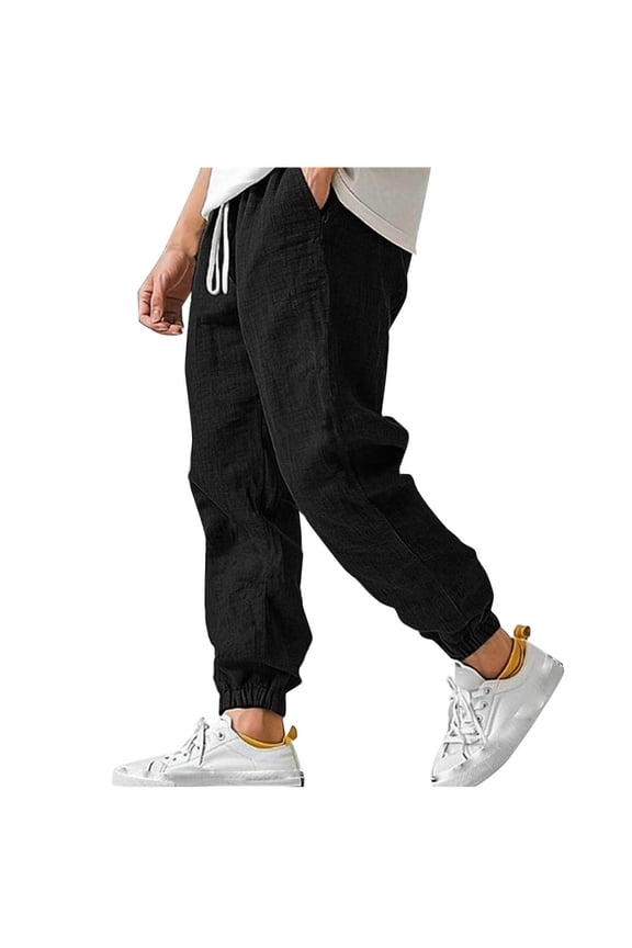 Cotton Linen Pants for Men Drawstring Elastic Waist Ankle Length Pant with Pocket Summer Lightweight Breathable Beach Trousers Black L