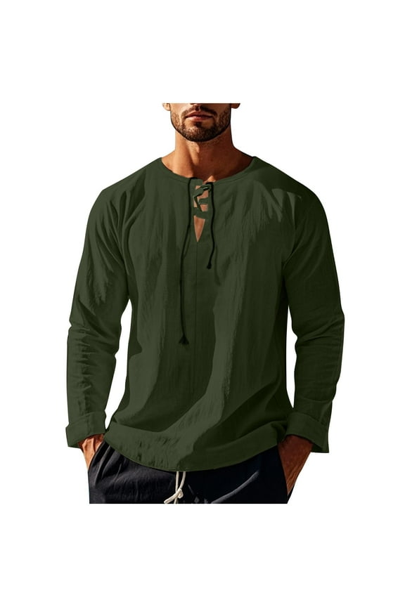 Cotton Linen Shirt for Men Long Sleeve Lightweight V Neck Lace Up Shirt Casual Breathable Beach Pullover Tops Army Green M