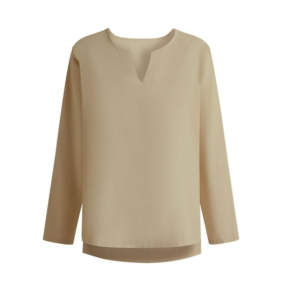 Dagegui Cotton Linen Shirts for Men Notch V Neck Long Sleeve Lightweight Breathable Beach Everyday Top Khaki S