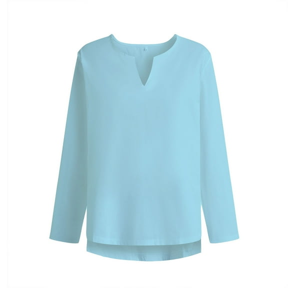 Dagegui Cotton Linen Shirts for Men Notch V Neck Long Sleeve Lightweight Breathable Beach Everyday Top Light Blue XXXXXL