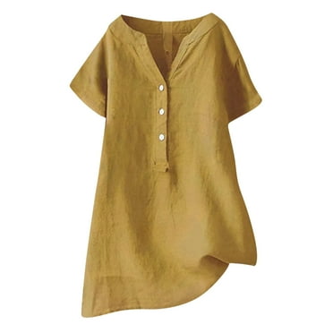 Dagegui Cotton Linen Shirts for Women 2025 Buttons V Neck Short Sleeve Tops Trendy Plus Size Dressy Blouses Casual Loose Tunic Tops Yellow S-5XL