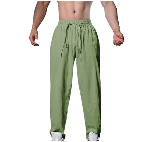 Dagegui Cotton Linen Yoga Pants for Men Elastic Waist Drawstring Summer Beach Pant with Pockets Casual Breathable Everyday Trousers Green,M
