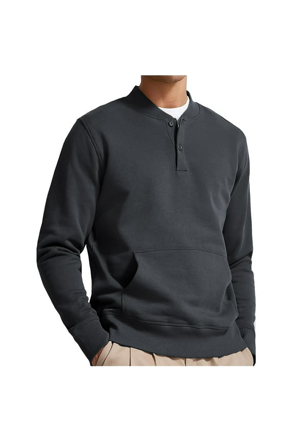 Cotton Sweatshirt for Men Long Sleeve Henley Crew Neck Sweatshirts Big and Tall Kangaroo Pocket Pullover Shirts Fall Casual Tops Dark Gray 4XL