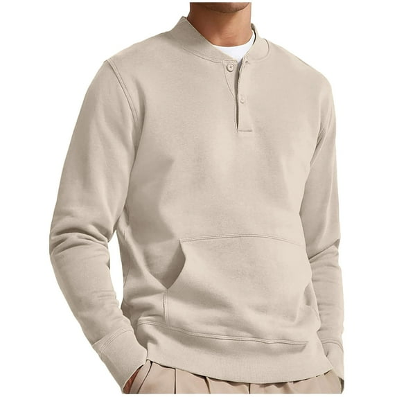 Dagegui Cotton Sweatshirt for Men Long Sleeve Henley Crew Neck Sweatshirts Big and Tall Kangaroo Pocket Pullover Shirts Fall Casual Tops Beige L