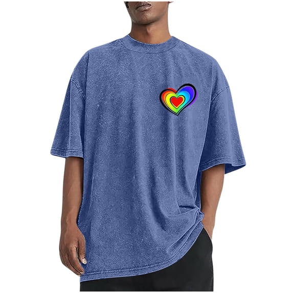 Dagegui Cotton T-Shirts for Men Vintage Washed Short Sleeve Shirt Heart Graphic Tee Summer Crewneck Basic Shirts Casual Loose Fit Tops Blue S