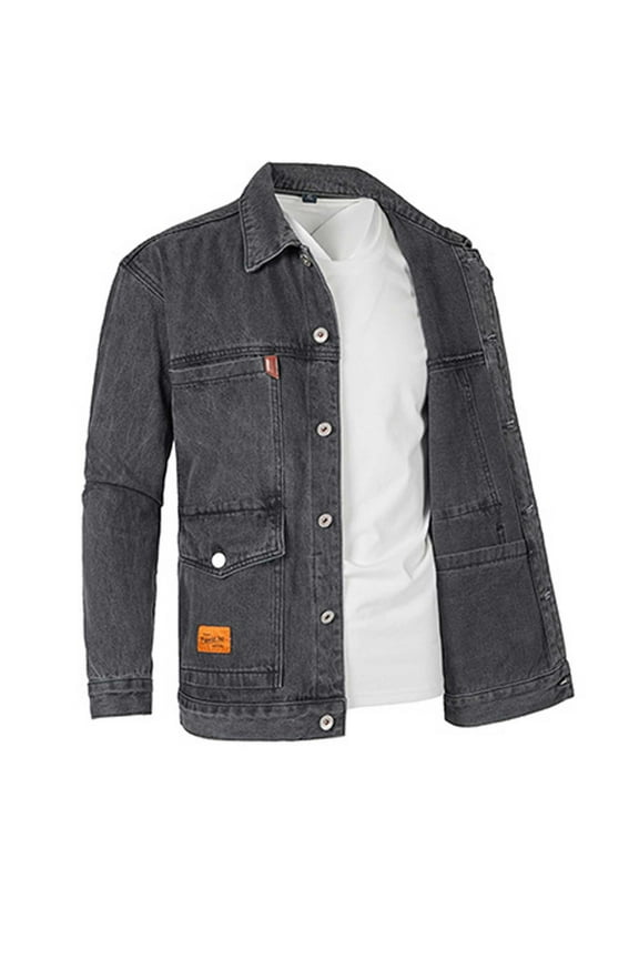 Denim Jackets for Men Button Down Slim Fit Jacket Long Sleeve Turndown Neck Jean Coats Solid Color Fall Basic Coat with Pocket Gray 4XL