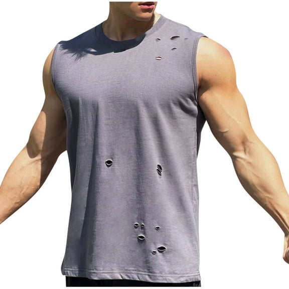 Dagegui Distressed Tank Tops for Men Summer Crewneck Sleeveless T Shirts with Hole Cotton Running Athletic Tanks Casual Loose Fit Tees Gray M