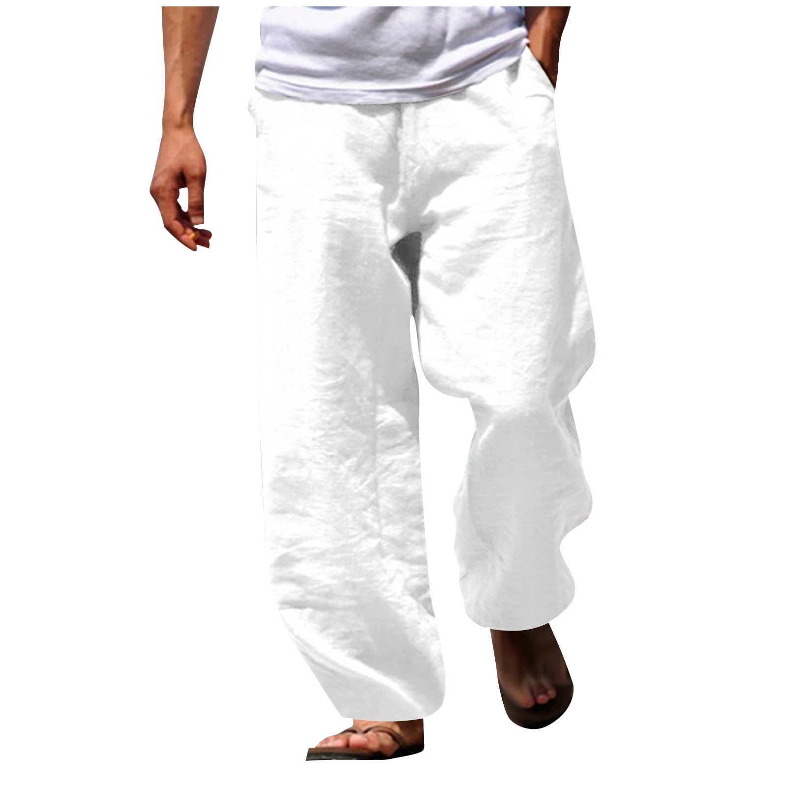 Dagegui Drawstring Pants for Men Cotton Linen Elastic Waist Straight ...