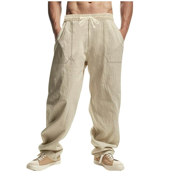 Dagegui Drawstring Pants for Men Cotton Linen Elastic Waist Wide Leg Slacks Solid Color Summer Straight Fit Pant Casual Trousers with Pocket Khaki,3XL