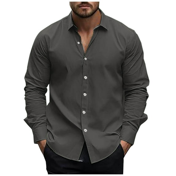 Dagegui Dressy Long Sleeve Shirts for Men Collared Button Down Shirt Solid Color Basic Tees Summer Work Business T-Shirts Today's Deals Dark Gray,L