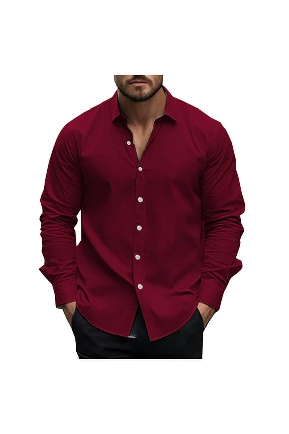 Dressy Long Sleeve Shirts for Men Collared Button Down Shirt Solid Color Basic Tees Summer Work Business T-Shirts Red,XL