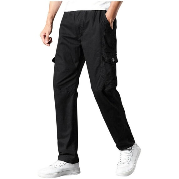 Dagegui Elastic Waist Cargo Pants for Men Solid Color Straight Fit Trousers Multi Pockets Running Jogger Pant Big and Tall Outdoor Active Pants Black L
