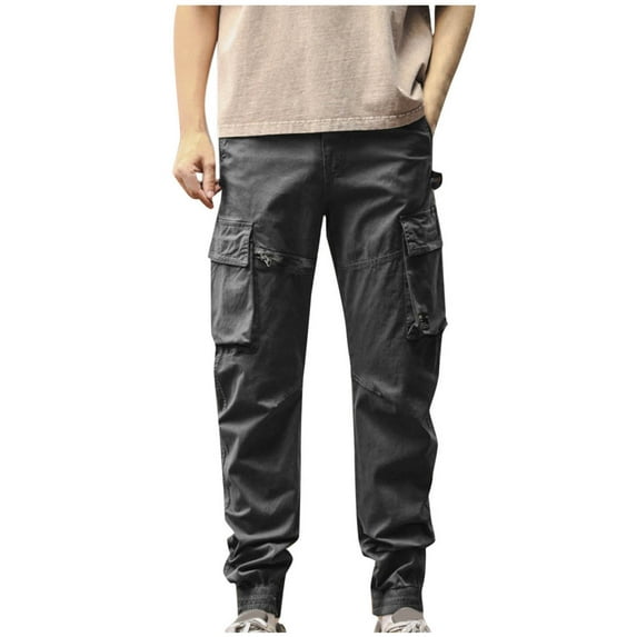 Dagegui Elastic Waist Cargo Pants for Men Solid Color Multi Pockets Running Hiking Joggers Pants Gray M