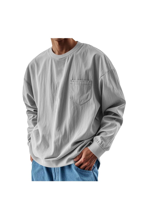 Fall Sweatshirt for Men Solid Crew Neck Long Sleeve Shirt Casual Loose Fit Pullover Top with Chest Pocket Gray M