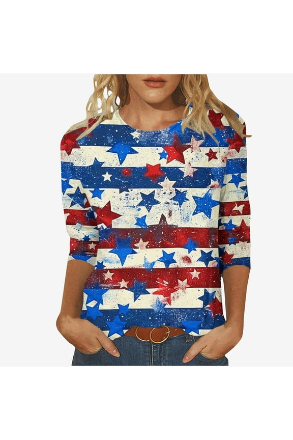 4th of July Shirt for Women Plus Size 3/4 Sleeve Tops American Flag Patriotic T Shirts Summer Casual Holiday Tops Stars Stripes Graphic Tees Parade T-Shirt
